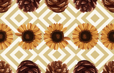 Printable seamless vintage autumn repeat pattern background with pine cones and sunflowers. Botanical wallpaper, raster illustration in super High resolution.