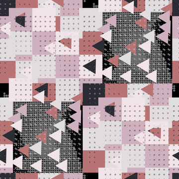 Seamless pattern urban design. Mixed print with halftone triangles and dots. Watercolor effect. Suitable for bed linen, leggings, shorts and fashion industry.