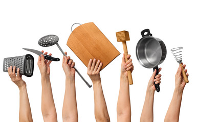kitchen utensils in human hands