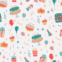 Seamless Pattern with Gifts, Balloons, Confetti and Cakes.