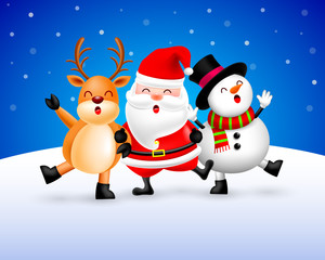 Funny Christmas Characters design on snow background, Santa Claus, Snowman and Reindeer. Merry Christmas and Happy new year concept. Illustration isolated on blue background.