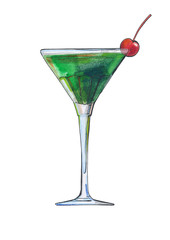 absinthe liqueur, alcoholic drink cocktail, watercolor illustration isolated on white background