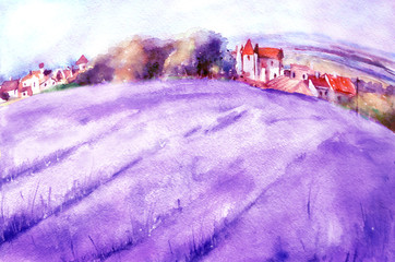 Watercolor countryside landscape. Lavender field in Provence. Beautiful view, field, village, wild grass, flowering meadow. Fashion art illustration, logo, card.