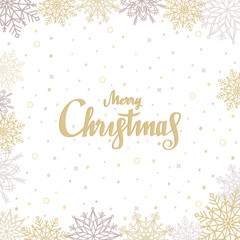 Merry Christmas background with hand drawn lettering. Greeting card template, banner with golden and silver snowflakes. Vector illustration.