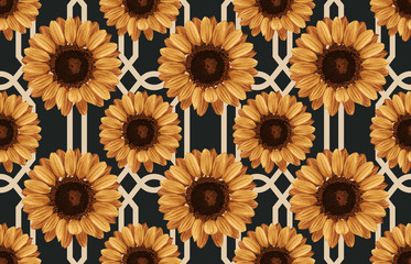 Printable seamless vintage autumn repeat pattern background with sunflowers. Botanical wallpaper, raster illustration in super High resolution.
