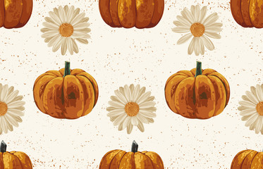 Printable seamless vintage autumn repeat pattern background with white daisies, and pumpkins. Botanical wallpaper, raster illustration in super High resolution.