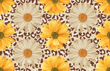 Printable seamless vintage repeat pattern background with yellow chrysanthemum and white daisies. Botanical wallpaper, raster illustration in super High resolution.