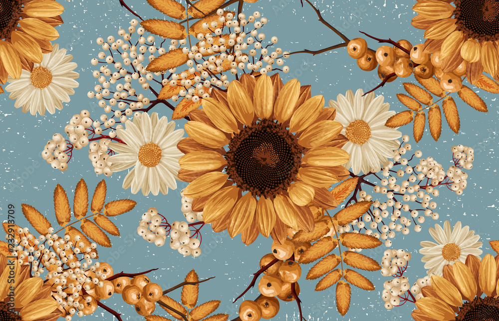 Wall mural printable seamless vintage autumn repeat pattern background with sunflowers. botanical wallpaper, ra