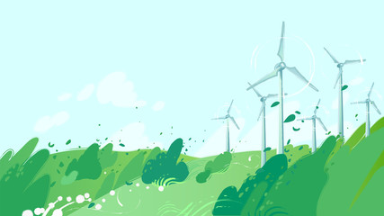 Spinning wind turbines in the field with leaves blowig out of the