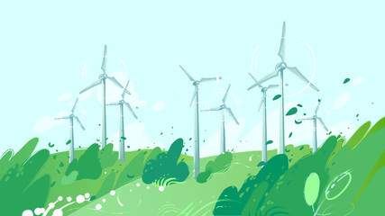 Spinning wind turbines in the field with leaves blowig out of the