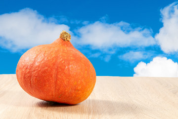 Hokkaido pumpkin on a wooden table under blue sky 