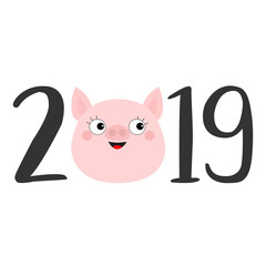 2019 text. Cute pig face head. Pink piggy piglet. Happy New Year Chinise symbol. Cartoon funny kawaii smiling baby character. Flat design. White background. Isolated.