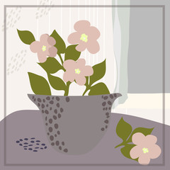 Minimal art print. Abstract flowers in vase on the table. Floral trendy background for scarf print, textile, covers, surface, scrapbooking, decoupage. Bandana, pareo, home textile design