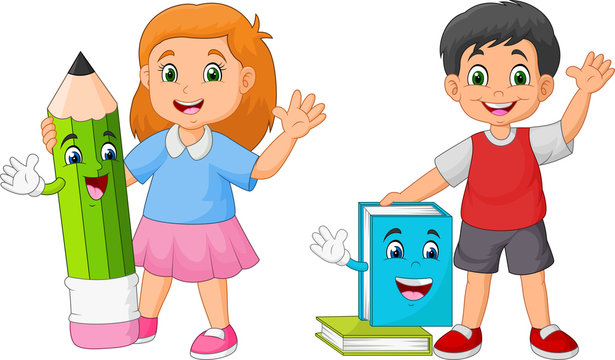 Cartoon kids with book and pencil mascots
