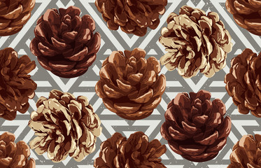 Printable seamless vintage autumn repeat pattern background with pine cone. Botanical wallpaper, raster illustration in super High resolution.