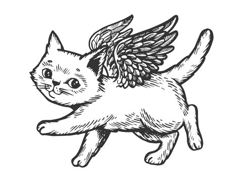 Angel flying kitten engraving vector illustration. Scratch board style imitation. Black and white hand drawn image.