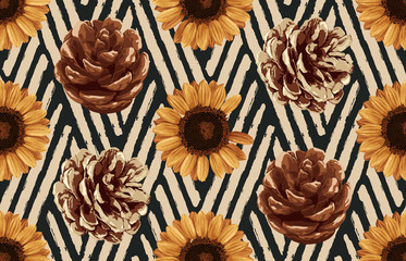 Printable seamless vintage autumn repeat pattern background with pine cones and sunflowers. Botanical wallpaper, raster illustration in super High resolution.