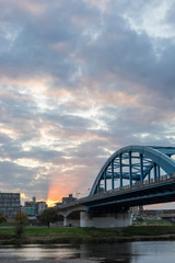Naklejka premium landscape of iron bridge over Tama River