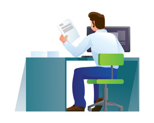 Man character, sitting at a desk in office on workplace.