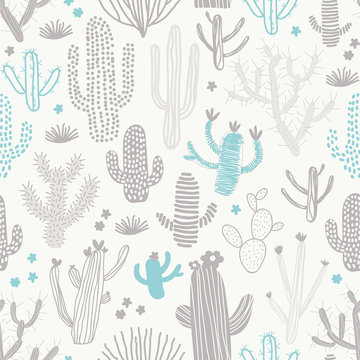 Cute seamless pattern with different cacti. Perfect for fabric, textile. Vector background. © bukhavets