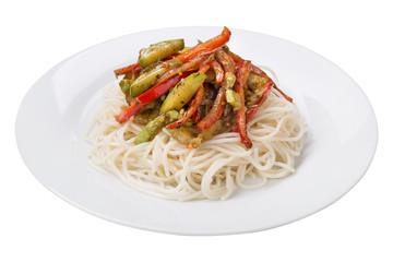 Pasta with vegetables on a plate, fitness diet, italian food, on a white background, isolate