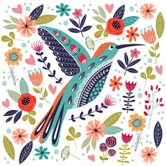 Naklejki  Kolorowa ilustracja wektorowa sztuki z pięknym abstrakcyjnym ptakiem ludowym i kwiatami.