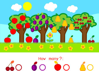How many different fruits on trees. Counting educational game with different fruits for preschool kids