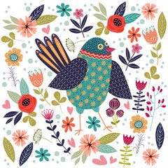 Art vector colorful illustration with beautiful abstract folk bird and flowers.