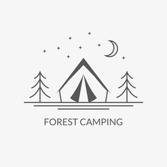Camp logo. Forest camping emblem with tourist tent. Vector illustration.