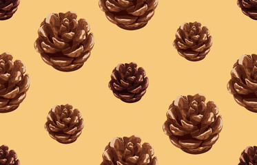 Printable seamless vintage autumn repeat pattern background with pine cone. Botanical wallpaper, raster illustration in super High resolution.