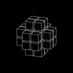 Abstract 3d cube from cubes. Dimetric projection. Vector outline illustration.