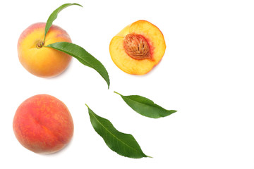 peach fruit with green leaf and slices isolated on white background. top view