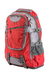 red backpack medium size for a hike and for travel, on a white background, isolate
