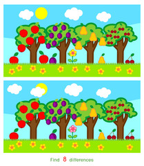 Find eight differences. Game for children with different fruit trees
