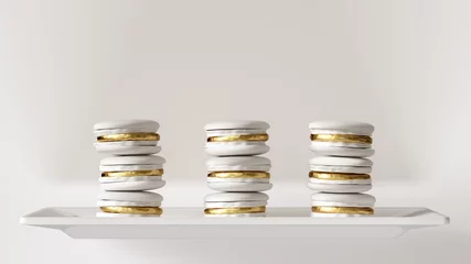  3 White and Gold Luxury Macrons Macaroon Towers 3d illustration 3d render © paul