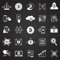 Bitcoin and crypto currency set on black background icons