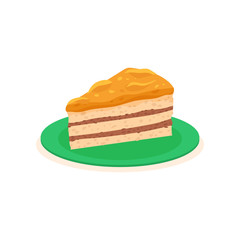 Slice of appetizing cake with persimmon jam. Tasty dessert on green plate. Sweet food. Flat vector element for cafe menu