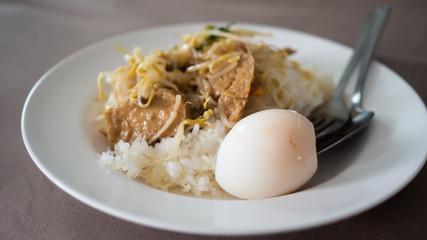 ฺBoiled egg, Fried bean sprouts to put tofu on rice in white dish, Concept Healthy Food Diet.