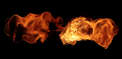 magical fire ignition - burning red-orange hot flame - fiery elements isolated on a black background