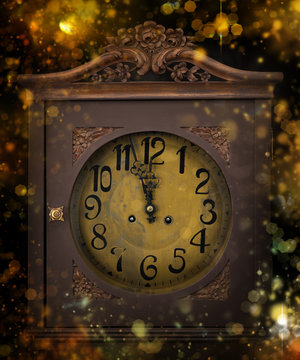New Year background. Cock countdown time.  Golden decoration card, greeting. Design shiny, sparkle