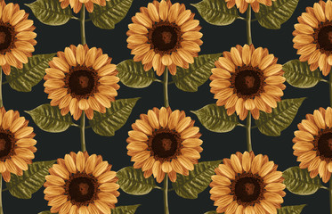 Printable seamless vintage autumn repeat pattern background with sunflowers. Botanical wallpaper, raster illustration in super High resolution. - 232920762