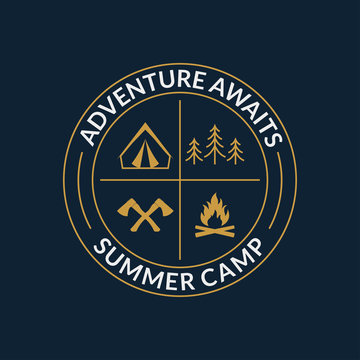 Camp Logo. Round Summer Camping Badge With Adventure Awaits Slogan. Vector Illustration.