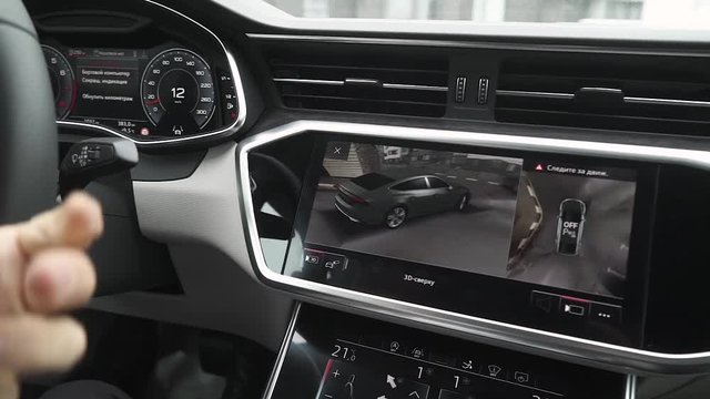 Modern car ride on the road, car interior, modern navigation 3D system dashboard view, parking transportation.