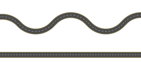 Straight and winding road road. Seamless asphalt roads template. Highway or roadway background. Vector illustration.