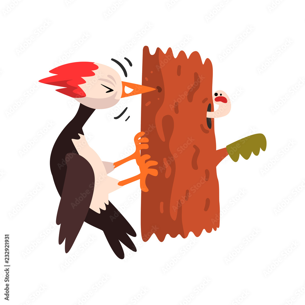 Poster cute woodpecker sitting on a tree and knocking, funny bird cartoon character vector illustration on 