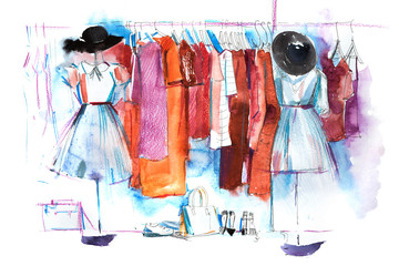 Shopping mall store clothes exhibition clothing display garment rack watercolor - obrazy, fototapety, plakaty