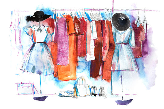 Shopping mall store clothes exhibition clothing display garment rack watercolor