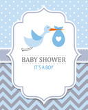 Baby shower card. Stork with baby boy