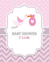 Baby shower card. Stork with baby girl