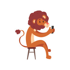 Lion sitting on a chair with a smartphone, cute animal cartoon character with modern gadget vector Illustration on a white background